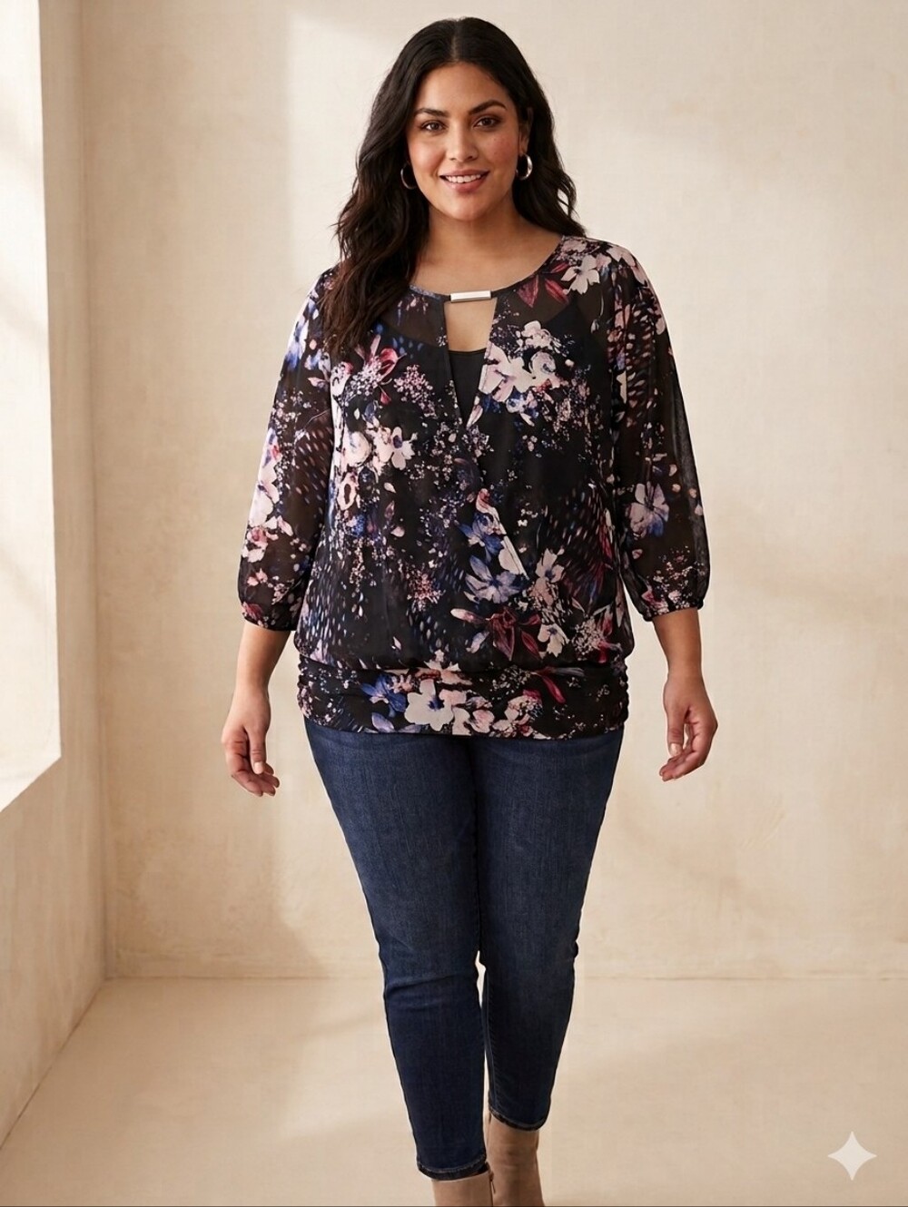 Jennifer Lopez Black Floral Blouson Tunic with Pink and Blue Accents